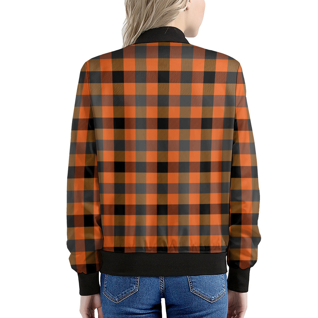 Halloween Orange Buffalo Check Print Women's Bomber Jacket