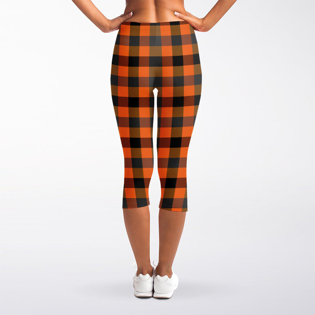 Halloween Orange Buffalo Check Print Women's Capri Leggings