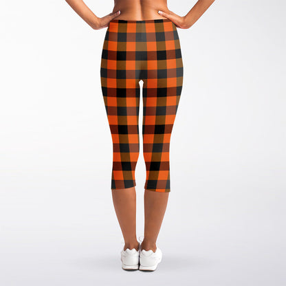 Halloween Orange Buffalo Check Print Women's Capri Leggings