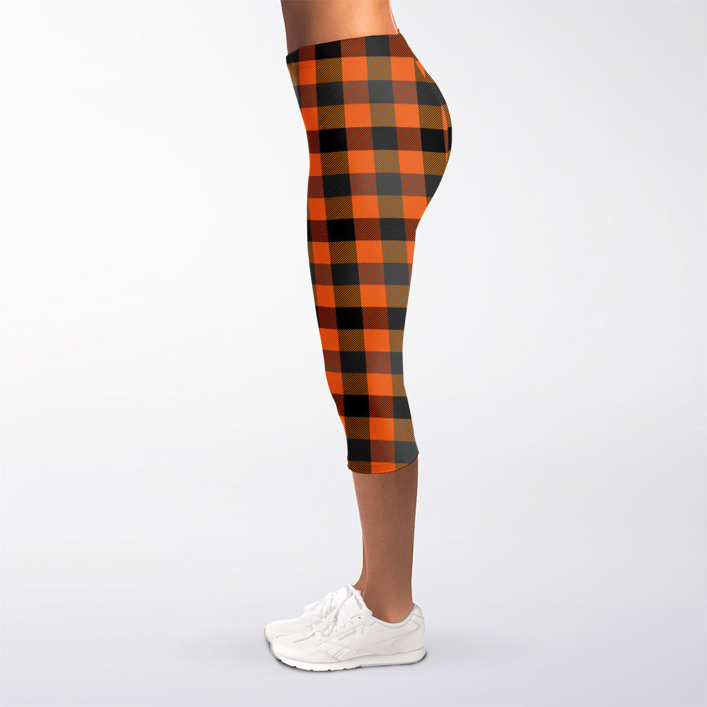 Halloween Orange Buffalo Check Print Women's Capri Leggings