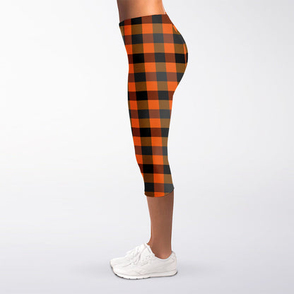 Halloween Orange Buffalo Check Print Women's Capri Leggings