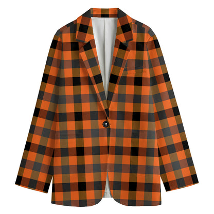 Halloween Orange Buffalo Check Print Women's Cotton Blazer