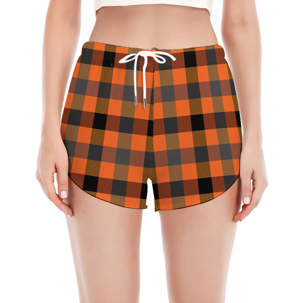 Halloween Orange Buffalo Check Print Women's Split Running Shorts