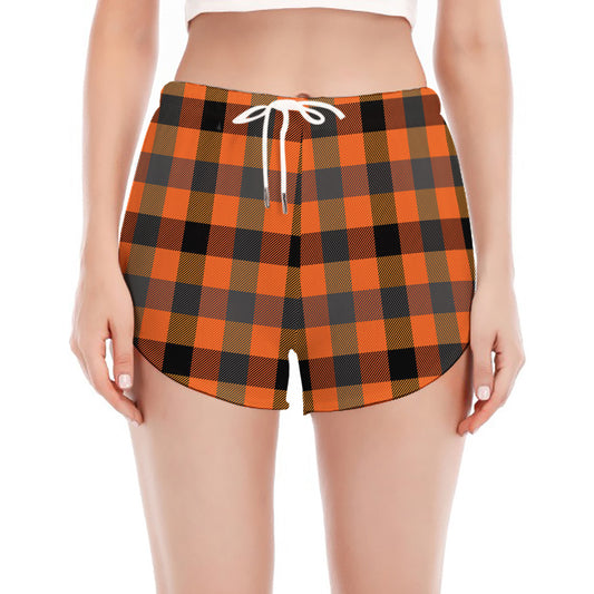 Halloween Orange Buffalo Check Print Women's Split Running Shorts