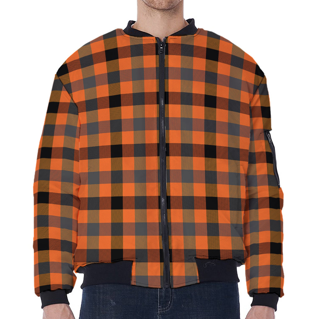 Halloween Orange Buffalo Check Print Zip Sleeve Bomber Jacket