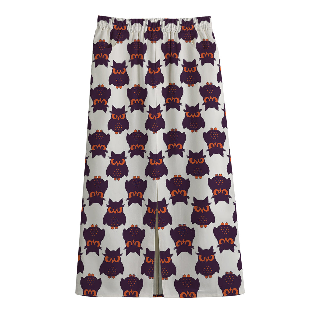 Halloween Owl Pattern Print Cotton Front Slit Maxi Skirt