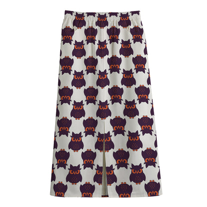 Halloween Owl Pattern Print Cotton Front Slit Maxi Skirt