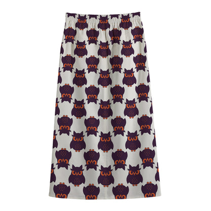 Halloween Owl Pattern Print Cotton Front Slit Maxi Skirt