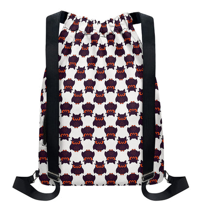Halloween Owl Pattern Print Drawstring Backpack
