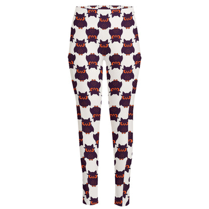 Halloween Owl Pattern Print High-Waisted Pocket Leggings