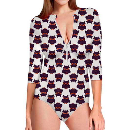 Halloween Owl Pattern Print Long Sleeve Swimsuit