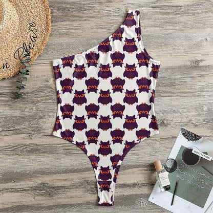 Halloween Owl Pattern Print One Shoulder Bodysuit