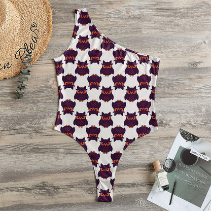 Halloween Owl Pattern Print One Shoulder Bodysuit