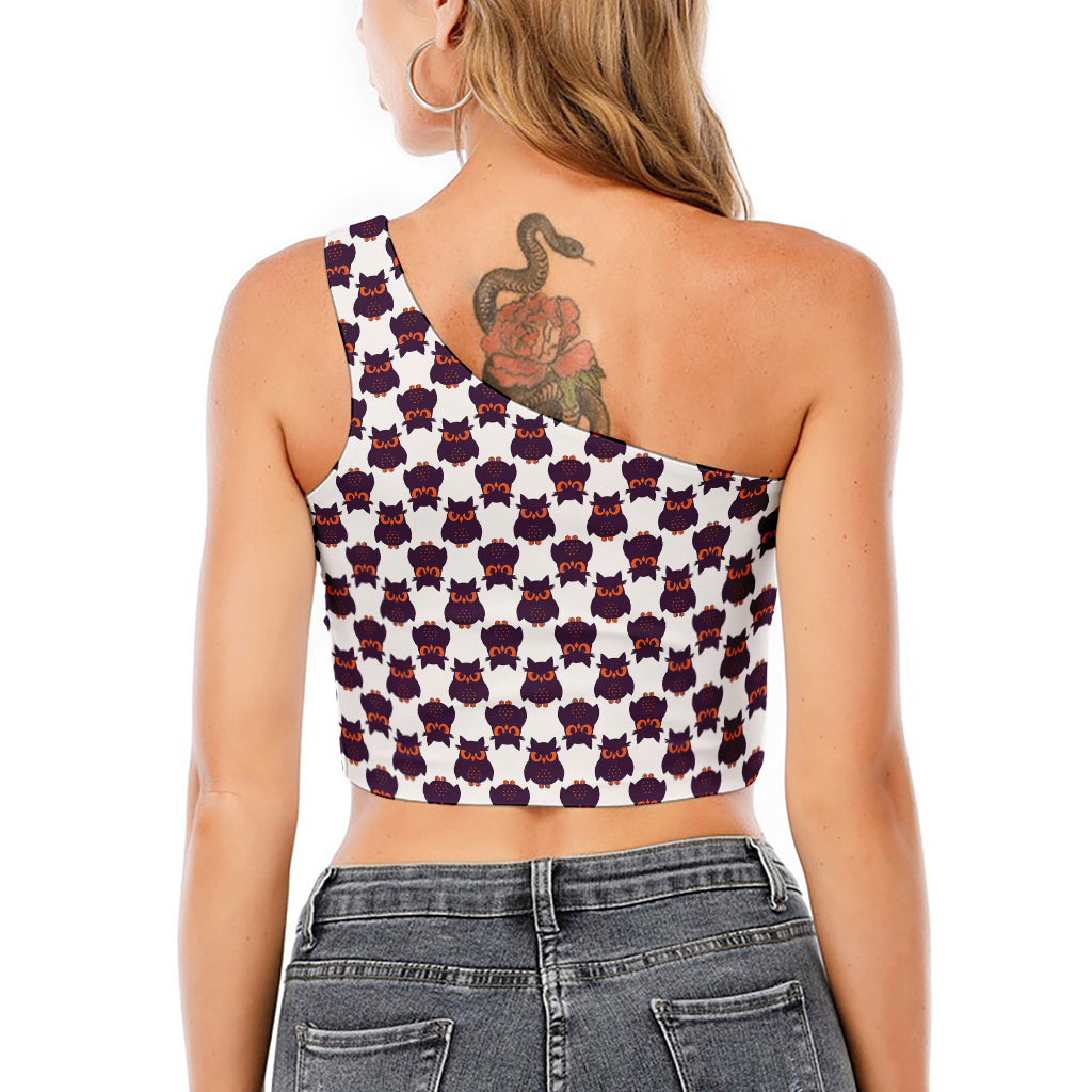 Halloween Owl Pattern Print One Shoulder Crop Top