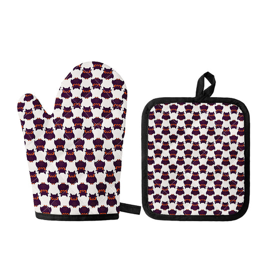Halloween Owl Pattern Print Oven Mitt And Pot Holder Set
