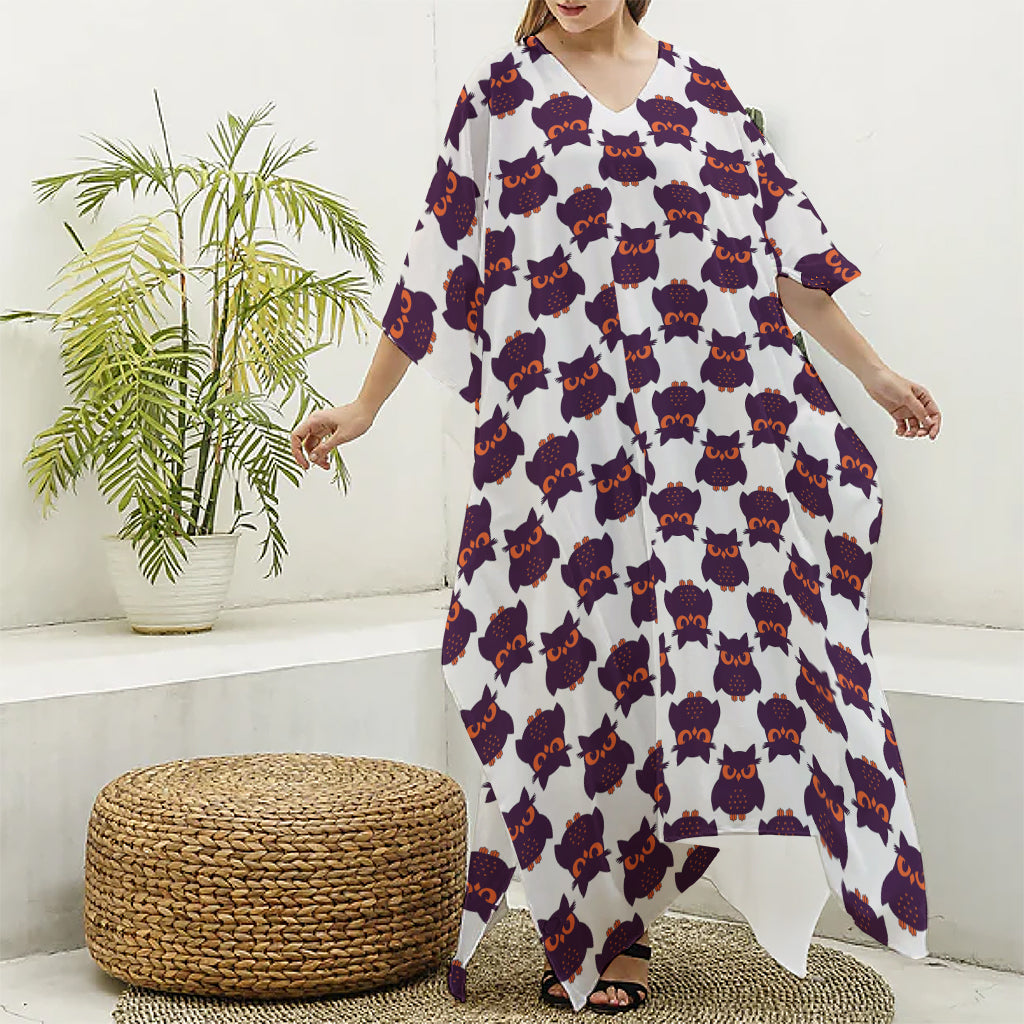 Halloween Owl Pattern Print Silk V-Neck Kaftan Dress
