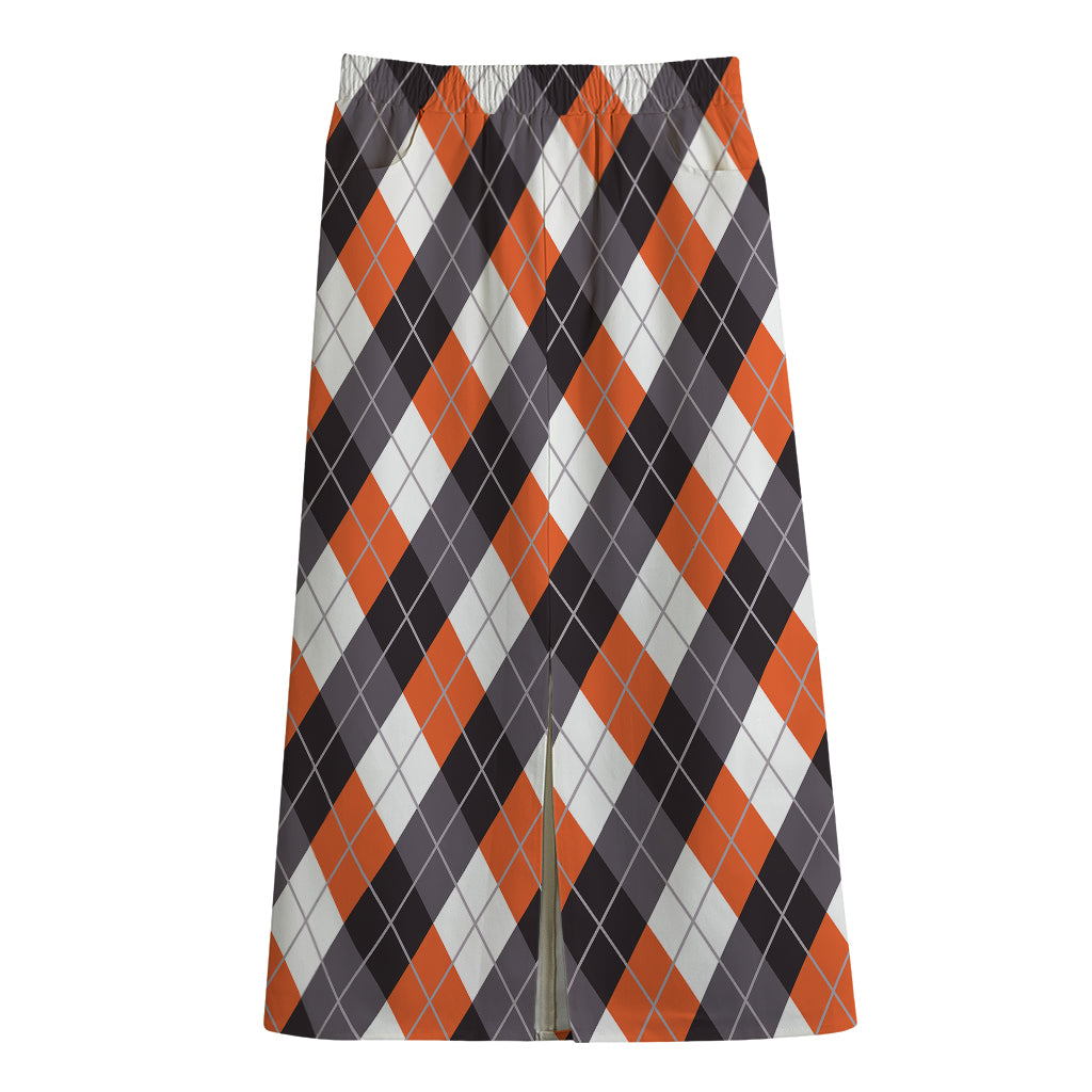 Halloween Party Argyle Pattern Print Cotton Front Slit Maxi Skirt