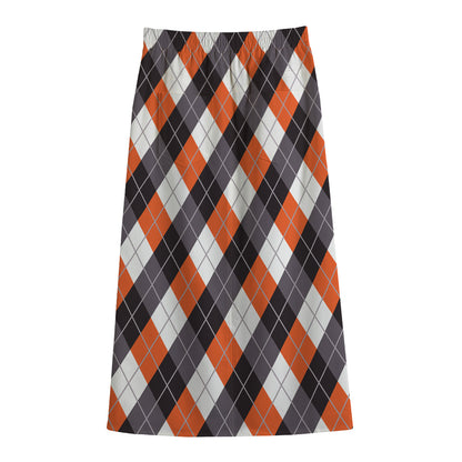 Halloween Party Argyle Pattern Print Cotton Front Slit Maxi Skirt