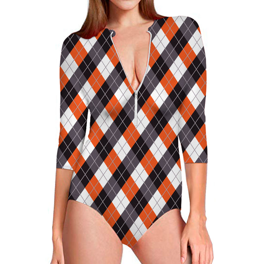 Halloween Party Argyle Pattern Print Long Sleeve Swimsuit
