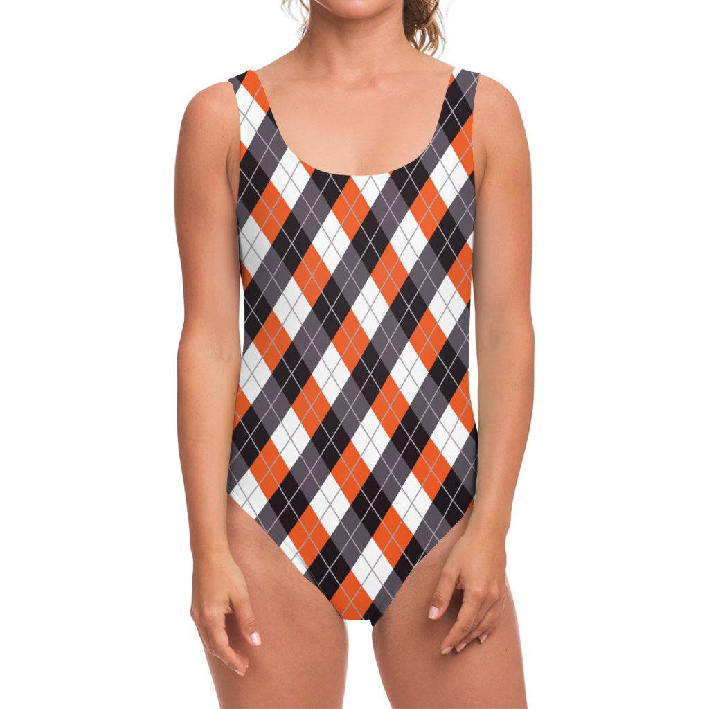 Halloween Party Argyle Pattern Print One Piece Swimsuit