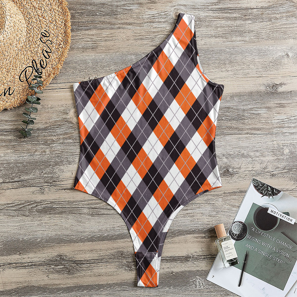 Halloween Party Argyle Pattern Print One Shoulder Bodysuit