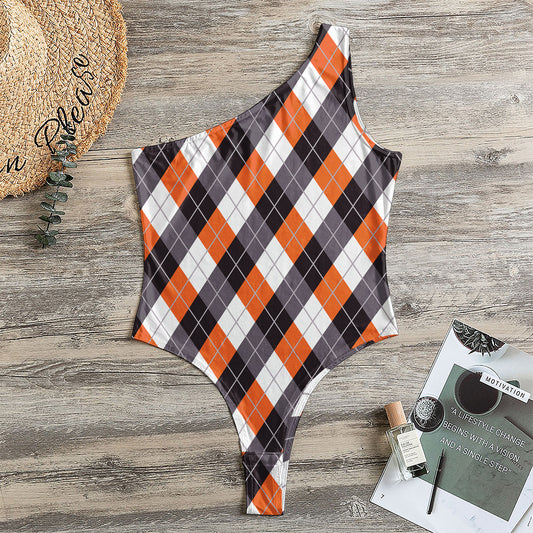 Halloween Party Argyle Pattern Print One Shoulder Bodysuit