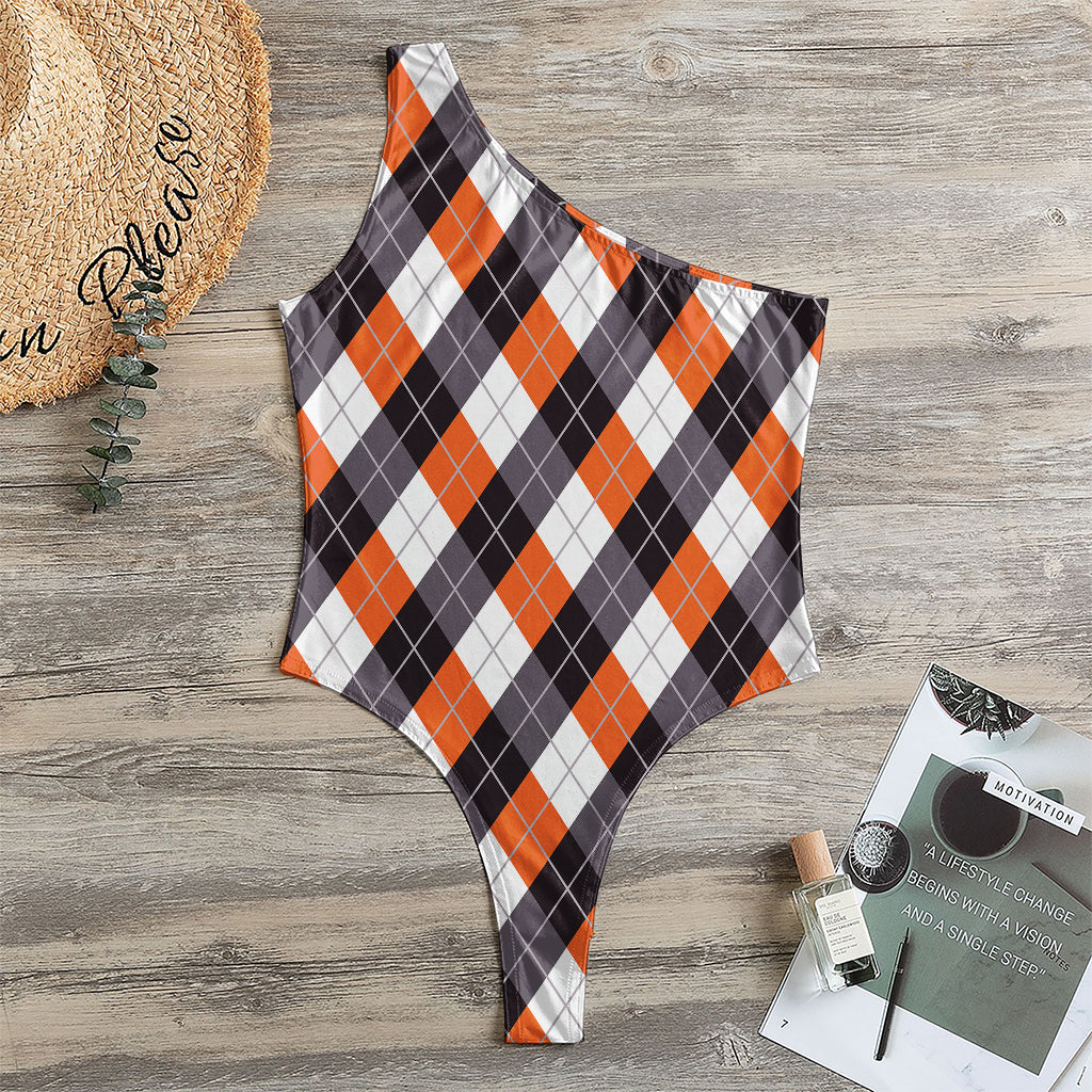 Halloween Party Argyle Pattern Print One Shoulder Bodysuit