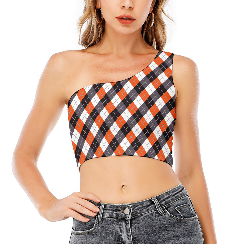 Halloween Party Argyle Pattern Print One Shoulder Crop Top