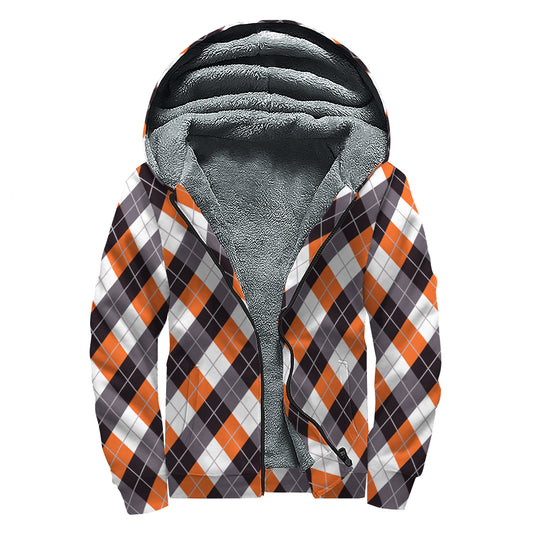 Halloween Party Argyle Pattern Print Sherpa Lined Zip Up Hoodie