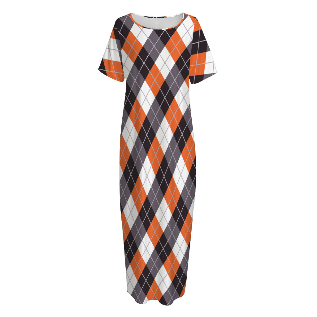 Halloween Party Argyle Pattern Print Short Sleeve Long Nightdress