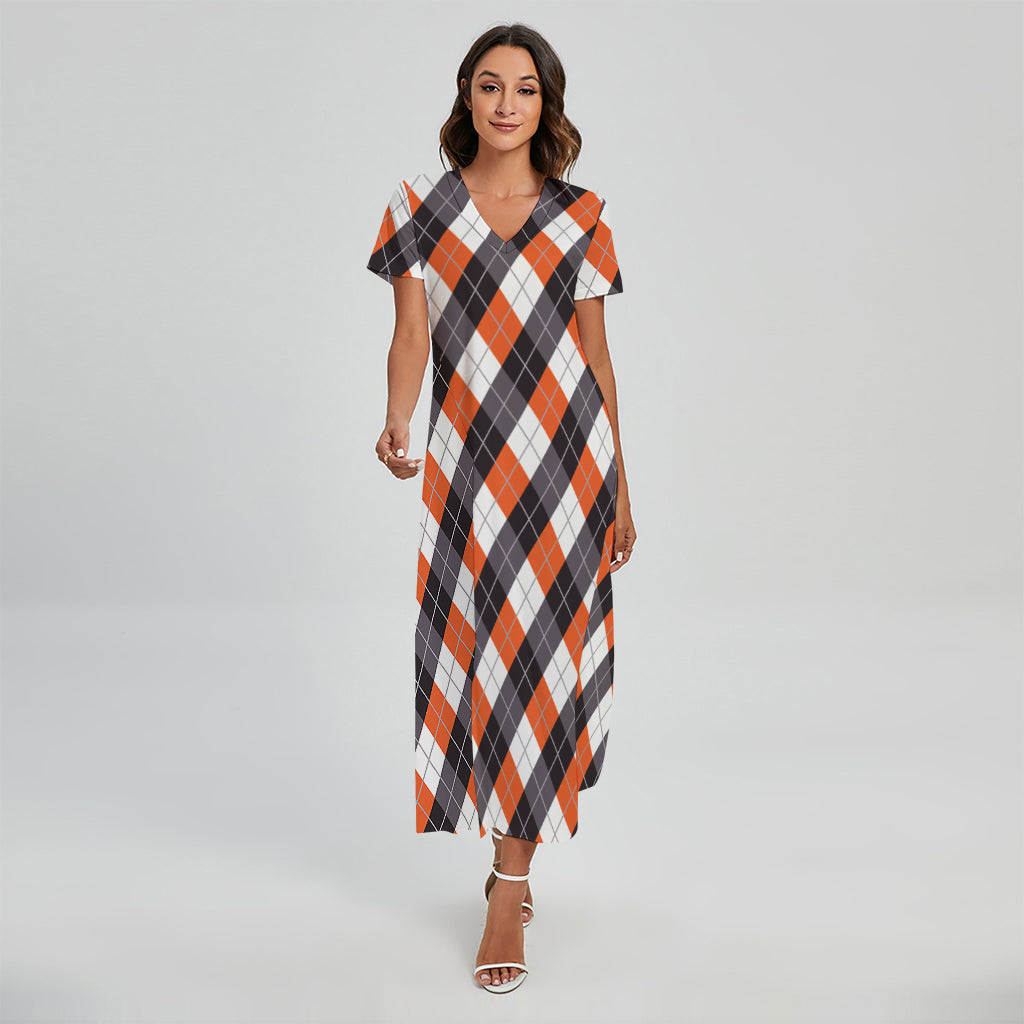 Halloween Party Argyle Pattern Print Short Sleeve Maxi Dress