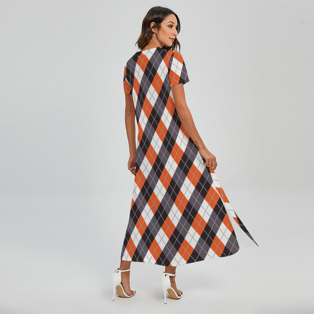 Halloween Party Argyle Pattern Print Short Sleeve Maxi Dress