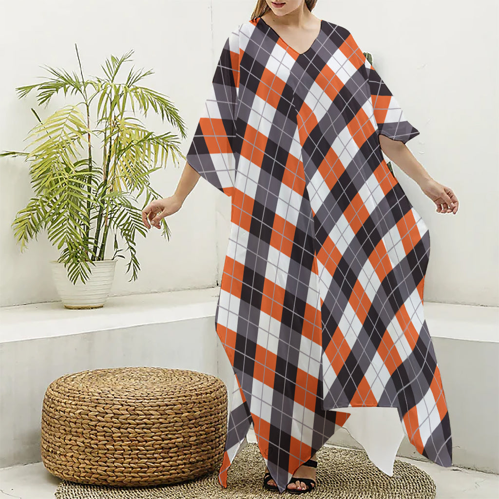 Halloween Party Argyle Pattern Print Silk V-Neck Kaftan Dress