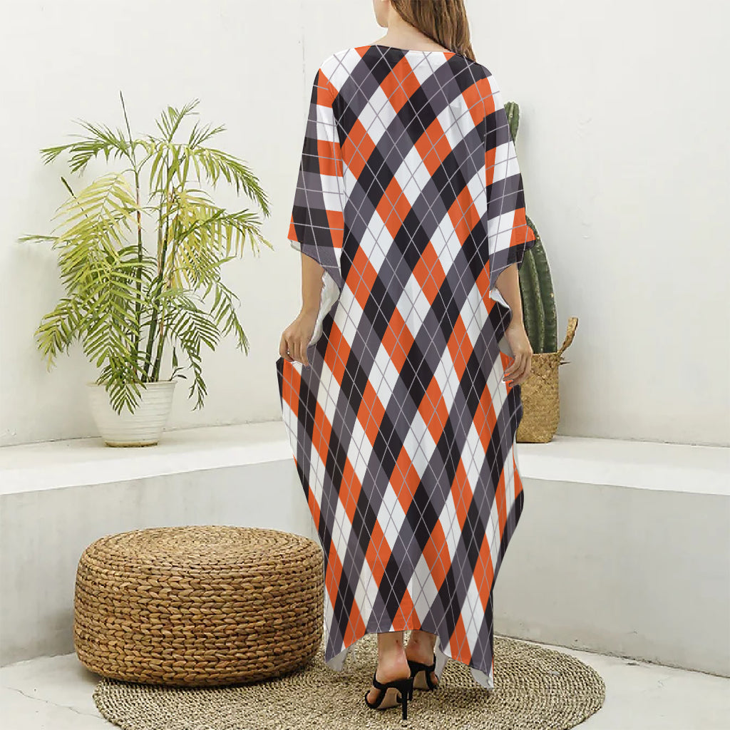 Halloween Party Argyle Pattern Print Silk V-Neck Kaftan Dress