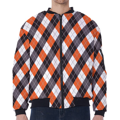 Halloween Party Argyle Pattern Print Zip Sleeve Bomber Jacket