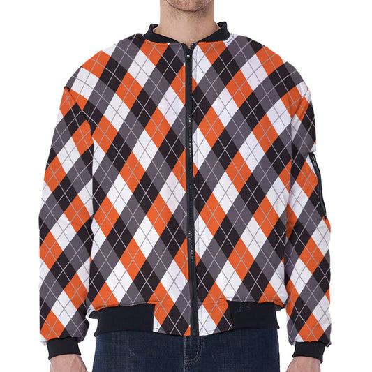 Halloween Party Argyle Pattern Print Zip Sleeve Bomber Jacket
