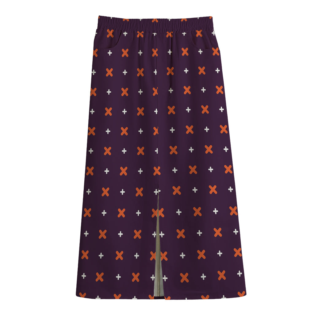 Halloween Plus And Cross Pattern Print Cotton Front Slit Maxi Skirt