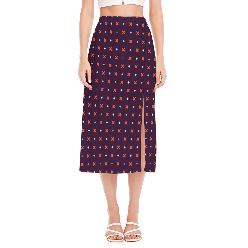 Halloween Plus And Cross Pattern Print Side Slit Midi Skirt