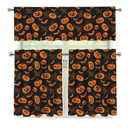 Halloween Pumpkin And Bat Pattern Print 3 Piece Kitchen Curtains