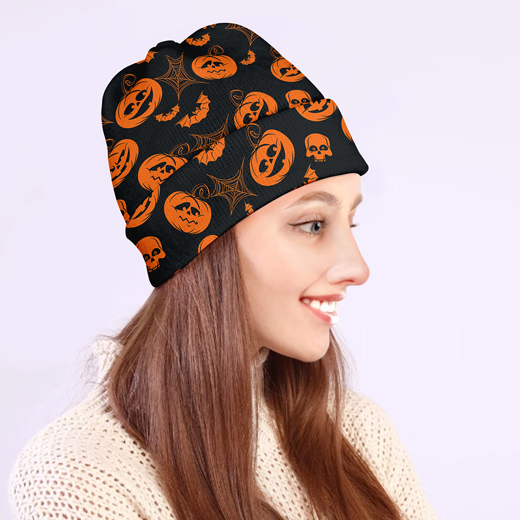 Halloween Pumpkin And Bat Pattern Print Beanie