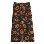 Halloween Pumpkin And Bat Pattern Print Cotton Front Slit Maxi Skirt
