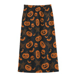 Halloween Pumpkin And Bat Pattern Print Cotton Front Slit Maxi Skirt