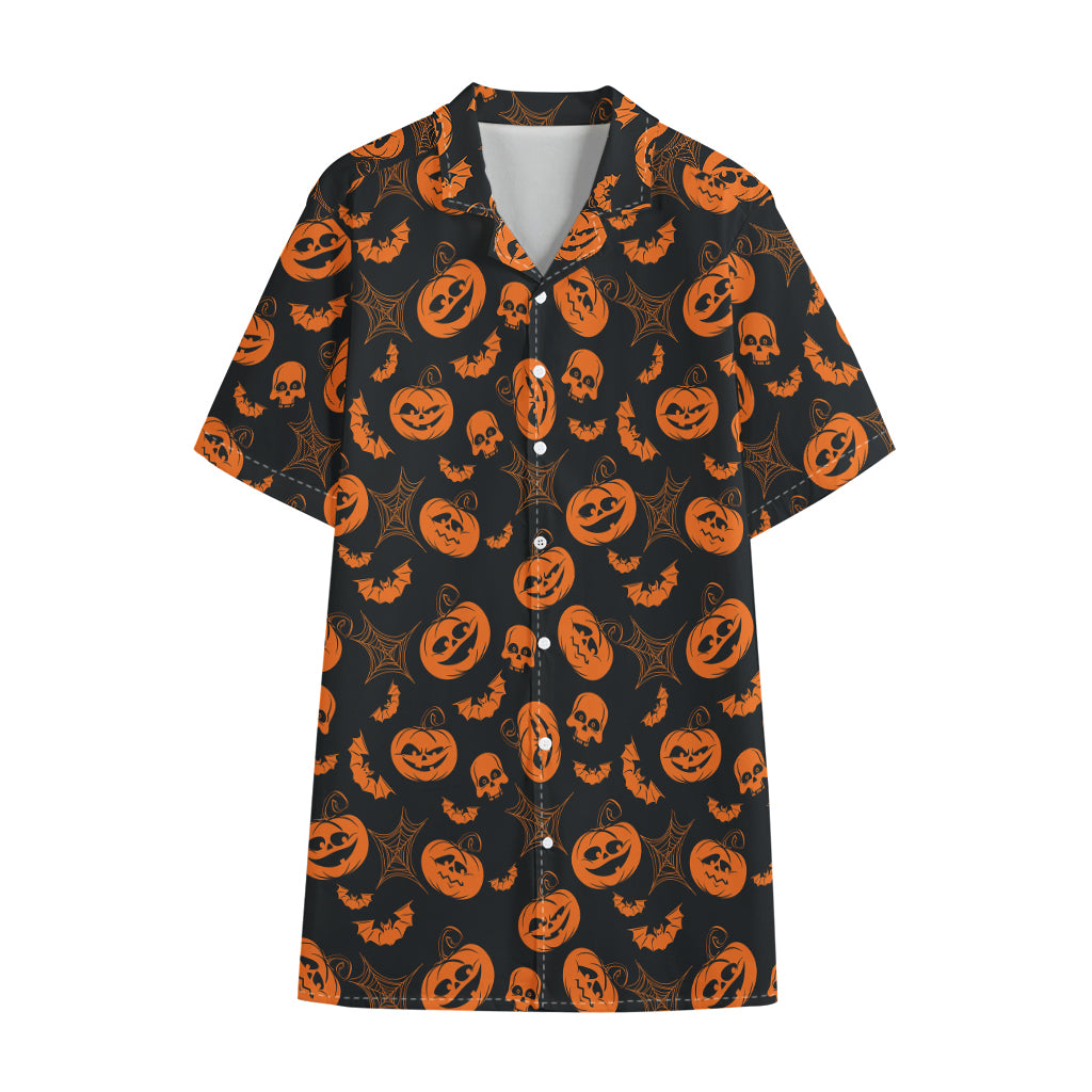 Halloween Pumpkin And Bat Pattern Print Cotton Hawaiian Shirt