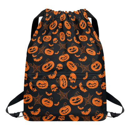 Halloween Pumpkin And Bat Pattern Print Drawstring Backpack