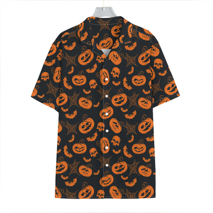 Halloween Pumpkin And Bat Pattern Print Hawaiian Shirt