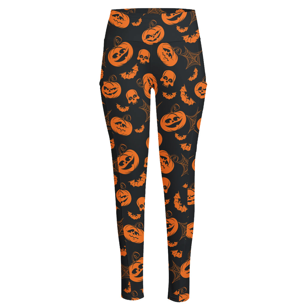 Halloween Pumpkin And Bat Pattern Print High-Waisted Pocket Leggings