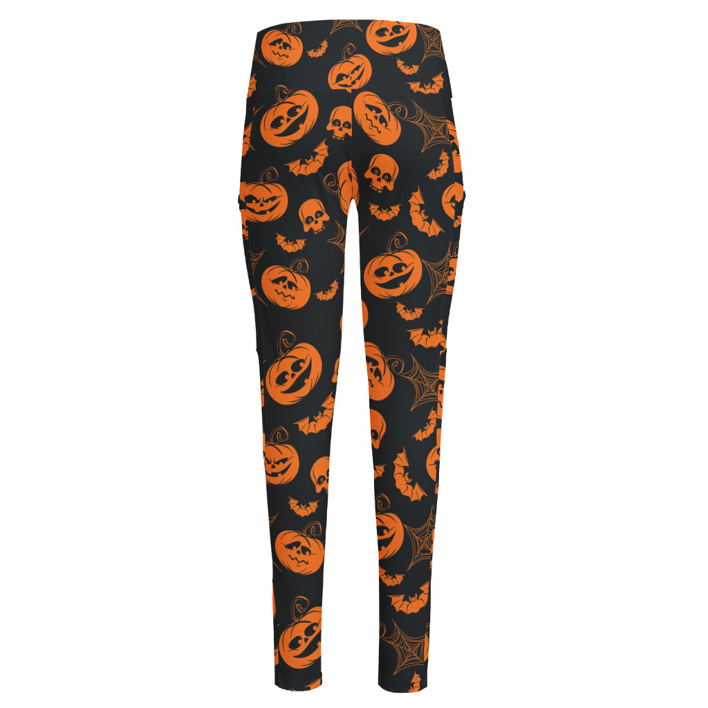 Halloween Pumpkin And Bat Pattern Print High-Waisted Pocket Leggings