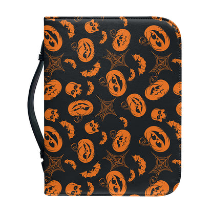 Halloween Pumpkin And Bat Pattern Print Leather Bible Cover