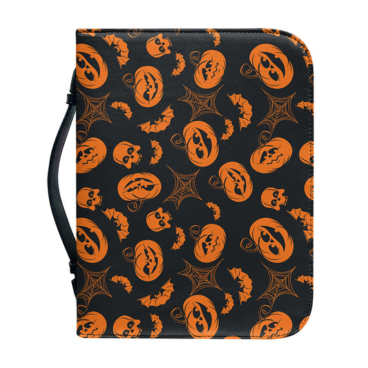 Halloween Pumpkin And Bat Pattern Print Leather Bible Cover