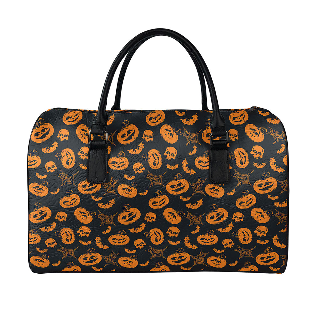 Halloween Pumpkin And Bat Pattern Print Leather Duffle Bag